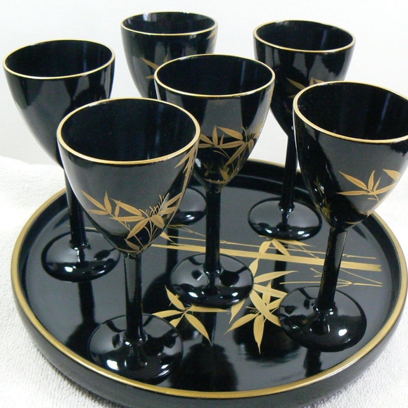 VTG black lacquer Bamboo design gold on black lacquer set of 6 goblets tray Box - Picture 7 of 12